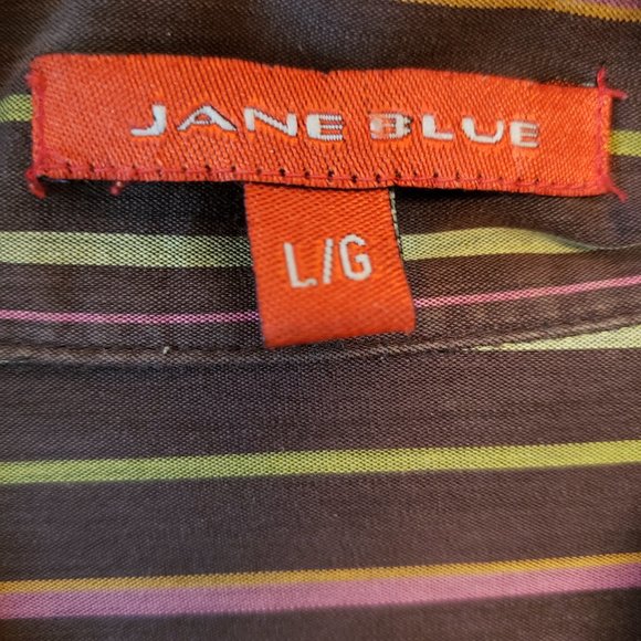 Jane Blue Brown Multicolor Striped Collared Button Cotton Dress Shirt L G - Picture 11 of 12